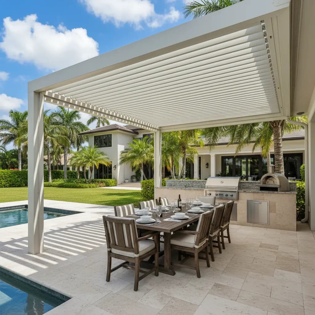 Louvered pergola with adjustable slats